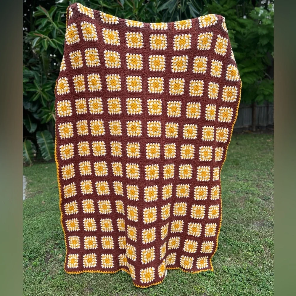Vintage 1970s Crochet Granny Square Afghan Blanket Yellow, Brown Retro Throw